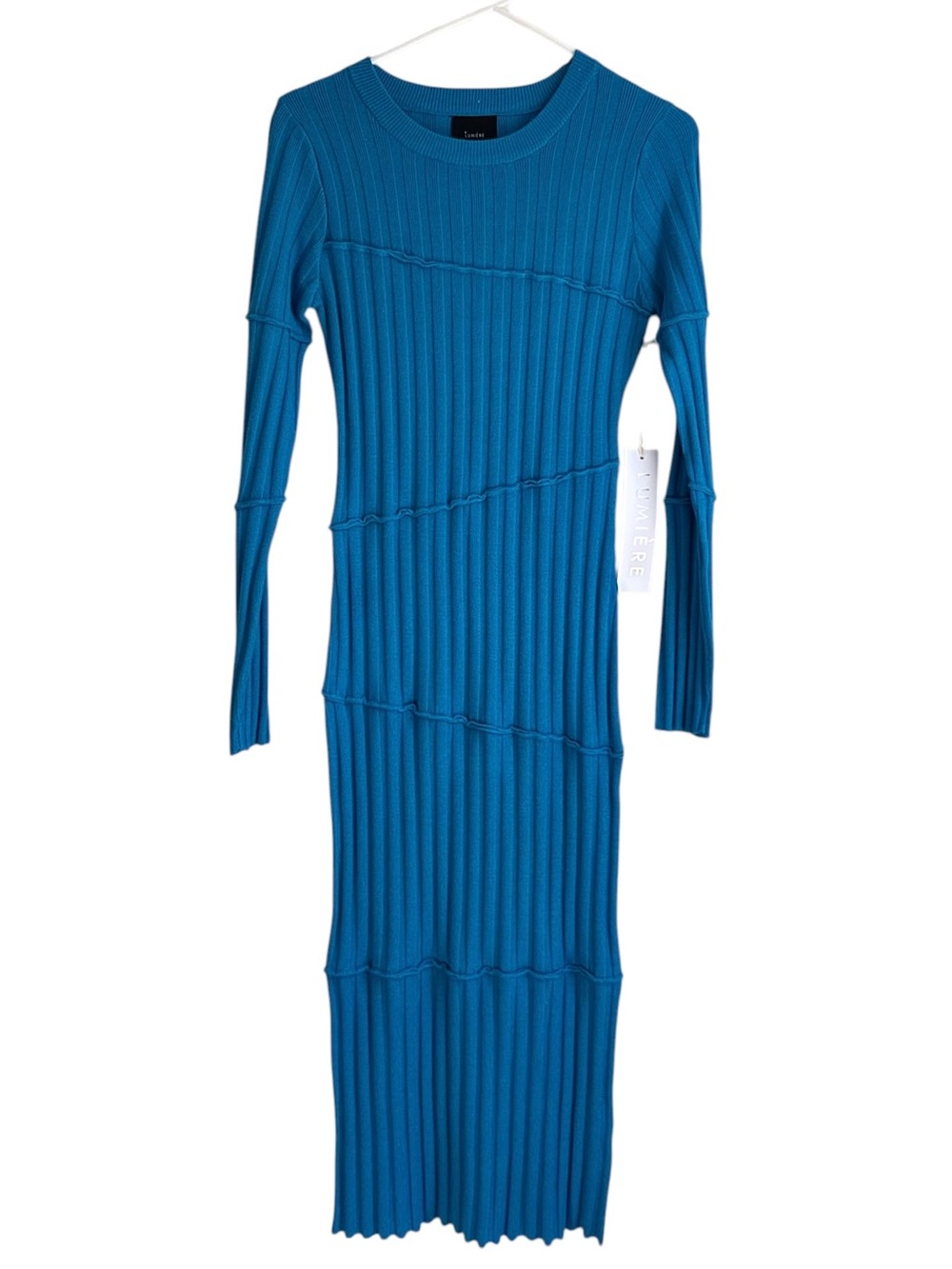 Lumiere Cerulean Blue Long Sleeve Ribbed Knit Midi Sweater Dress Size Small NWT